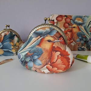 Porta-moedas com flores e pássaros, bolsa com fecho de beijo
