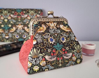 Coin purse clutch with birds, kiss lock purse, boho theme, william morris