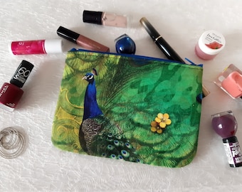 Zippered pouch with peacocks, makeup bag, phone case, purse