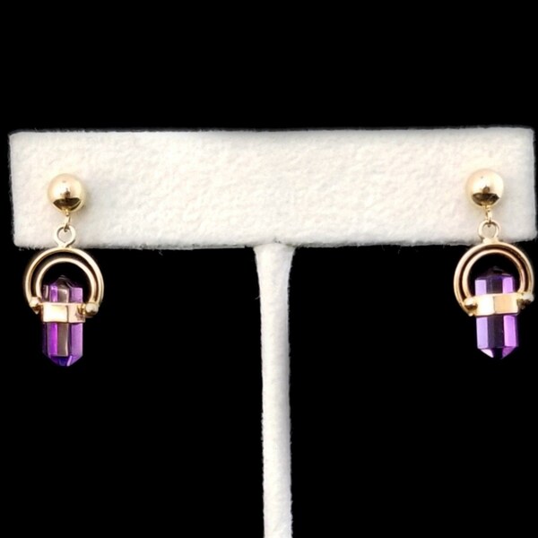 14k Gold Purple Crystal Drop Earrings, Modern Design, 7/8 Inches Long, 3/8 Inch Wide, Estate Jewelry, Unique, Healing, February Birthstone