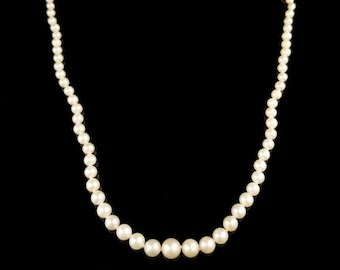 Vintage Graduated Size Knotted Ivory Color Cultured Pearl Necklace, 20 Inches, 10k White Gold Clasp, Round Beads, Estate