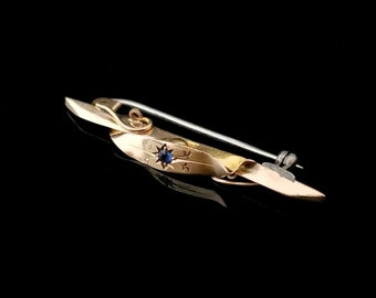 Victorian 9k Bar Brooch, Yellow Gold Blue Gemstone, Star Setting, 1 1/2 Inches Long,  Frederick Marson Birmingham 1852 - 1853,