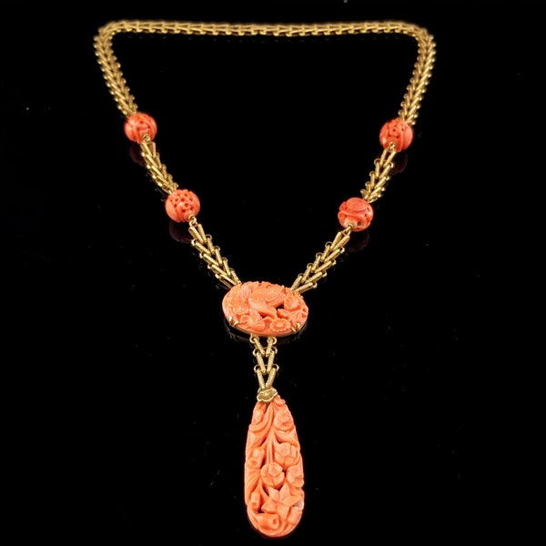 Art Deco 14k Carved Coral Chinoiserie Drop Pendant Necklace, 17 Inches Long, Yellow Gold, 30.5 Grams, Hidden Clasp, Antique Estate