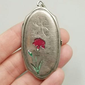 Antique Enamel Alpaca Large Locket, Monogramed Front / Back, Original Photos