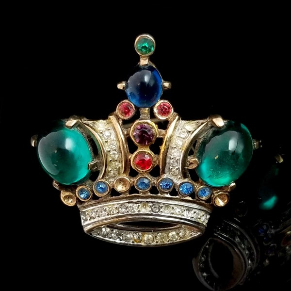 Crown Trifari Vintage Alfred Philippe Gold Plated Green Blue Rhinestone Glass Cabochon Crown 1940s Pin Brooch Pat#137542, Missing Stones