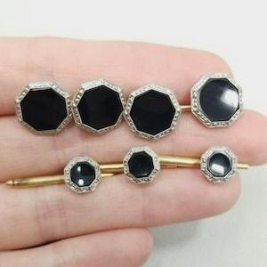 Vintage 14k Yellow Gold Platinum Black Onyx Cufflink Tuxedo Button Stud Set