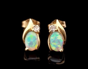 Vintage 10k Opal and Yellow Gold Post Earrings, 5/16 Inch Tall Small Oval Created Opals and CZs, Estate Jewelry, October Birthstone