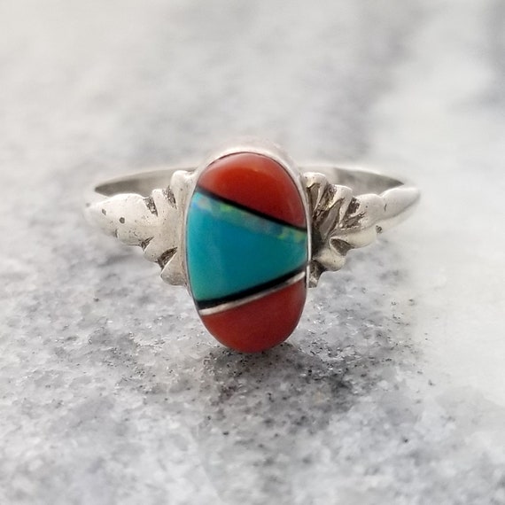Vintage Sterling Inlaid Turquoise, Coral, Opal an… - image 5