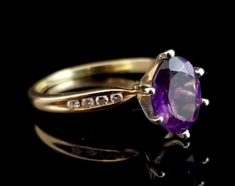 Vintage 14k Amethyst and Diamond Ring, Size 6 1/2, Yellow Gold, Purple Stone, 8.9mm by 6.8mm Oval Cut Gemstone, Tall Setting