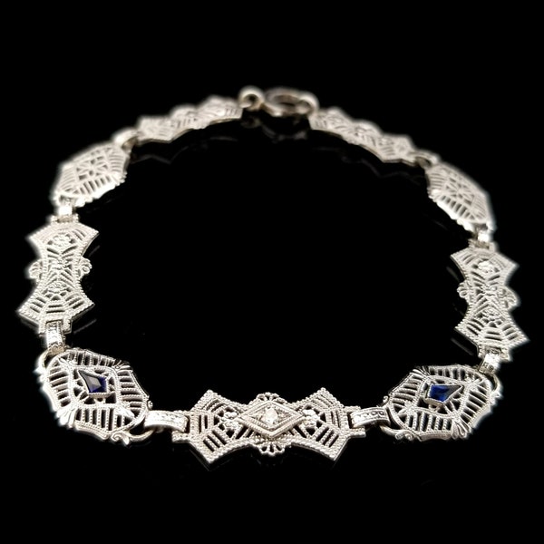 Antique Art Deco 10k White Gold Diamond & Sapphire Filigree Bracelet, 7 1/4 Inches long, 3/8 Inch Wide, 4.9 Grams, Estate Jewelry