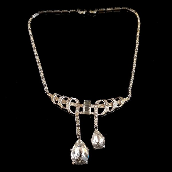 Vintage 1940s Crown Trifari Alfred Philippe Large Pear Shape Rhinestone Drops, Silver Tone Setting Pave Set Necklace, 14 Inches Long