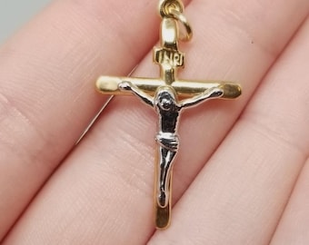 Ciondolo a croce crocifisso vintage in oro giallo e bianco 10 carati, 2,5 cm (1 pollice)