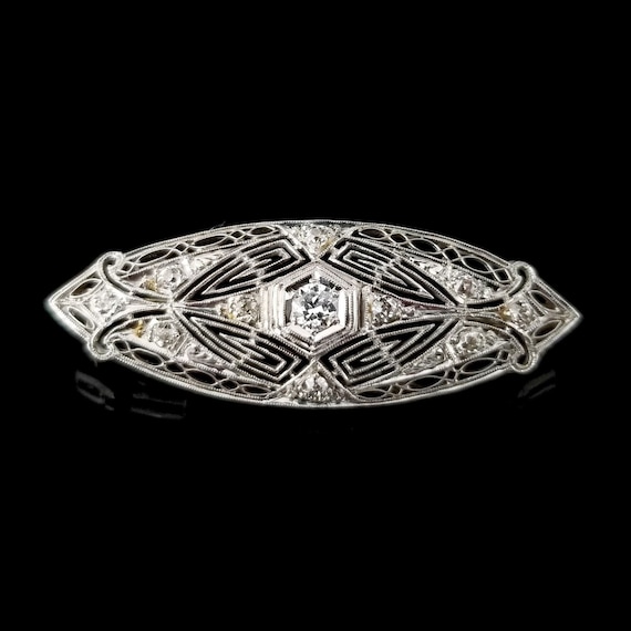 Platinum and Diamond Filigree Art Deo Bar Brooch,… - image 1