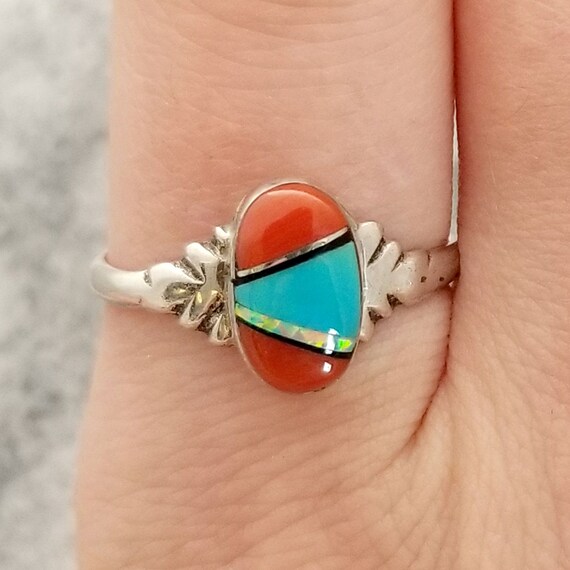 Vintage Sterling Inlaid Turquoise, Coral, Opal an… - image 3
