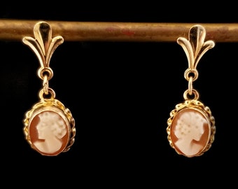 Vintage 14k Oval Cameo Drop Earrings, 3/4 Inch Carved Shell Bezel Set Yellow Gold, Simple Small Lightweight, Estate Jewelry