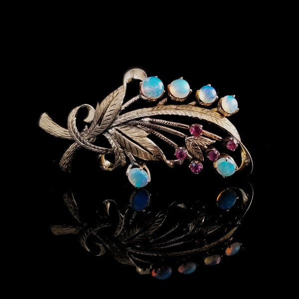 14k Opal and Ruby Brooch, October Birthstone, Leaf Shaped, Textured Etching, Quality Vintage Estate Jewelry, 2 Inches Long, 1 Inch Wide