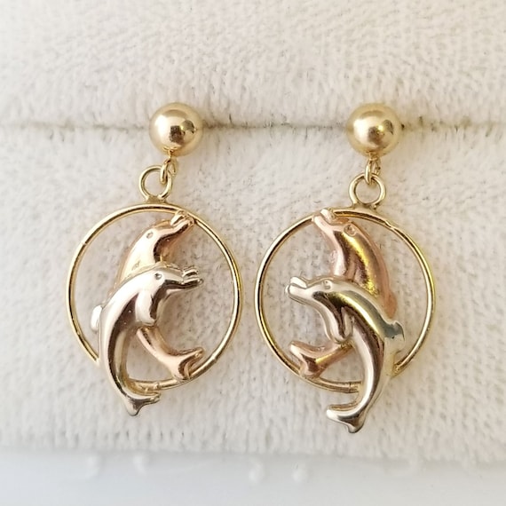 Vintage 14k Dolphin Dangle Earrings, 7/8 Inch Lon… - image 7
