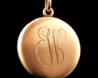 Collier médaillon photo monogramme E.W vintage, chaîne de 22 pouces, 1 1/16 pouces de diamètre rempli d'or, pendentif cercle, victorien signé BB Co