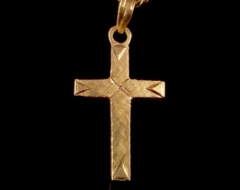 Vintage 14k Cross Pendant, Yellow Gold, 15/16 inch by 7/16 inch, Etched Design, Crucifix, Jesus, Charm Everyday, Minimal