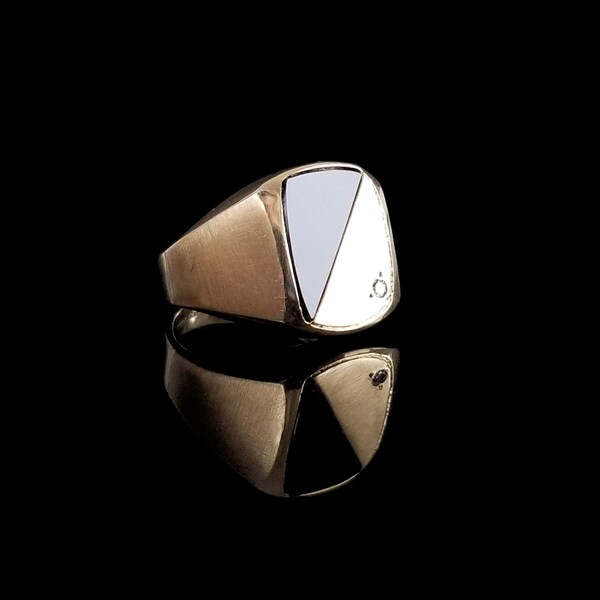 CLEARANCE - 14k Onyx and Diamond Ring, Size US 9 1/2, Men's Signet, Brushed Yellow Gold, Estate Jewelry, Minimal Modern Design, 17mm Tall