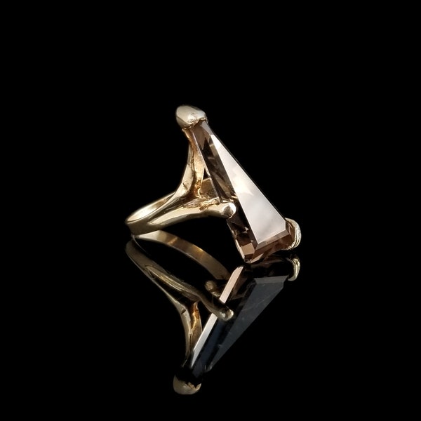 CLEARANCE - Triangle Smoky Quartz Ring, 14k Yellow Gold, Size 7 1/4, Vintage Estate Jewelry, Asymmetrical Cut Gemstone, Modern, Cocktail