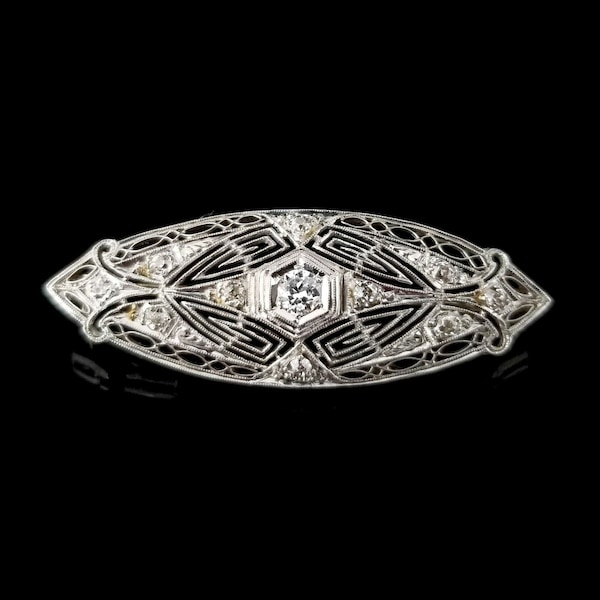 Antique Platinum and Diamond Filigree Art Deo Bar Brooch, 1 9/16 Inch Wide, 5.4 Grams, Belle Epoch Fine Filigree Estate Jewelry