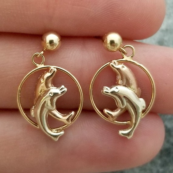 Vintage 14k Dolphin Dangle Earrings, 7/8 Inch Lon… - image 4