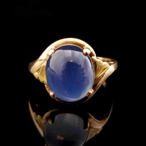 Vintage 10k Star Quartz Doublet Ring, Size 9, 1930s Blue Oval Cabochon Gemstone, 4.5 Grams Yellow Gold, Retro Estate Band