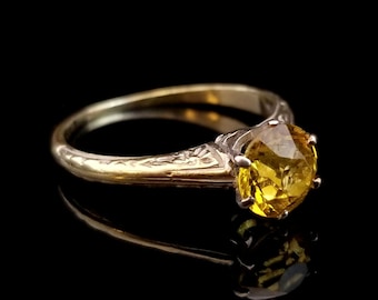 Vintage 14k Yellow Sapphire Ring, Size 6 1/2 , Hayden W. Wheeler & C0,  6.6mm Round Natural Gemstone, Six Prong Set, Antique Estate