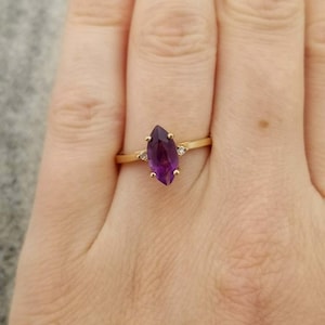 Vintage 10k Amethyst and Diamond Ring Size 6 Yellow Gold Marquise Cut Stone