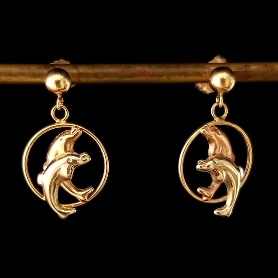 Vintage 14k Dolphin Dangle Earrings, 7/8 Inch Lon… - image 1