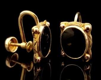 Vintage 10k ovale zwarte onyx geel gouden clip op oorbellen, 3/8 inch bij 5/16 inch, schroefruggen, ondertekend BDA, landgoed sieraden