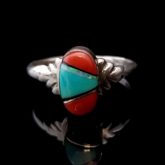 Vintage Sterling Inlaid Turquoise, Coral, Opal an… - image 1