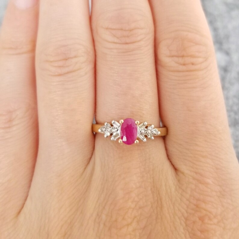 Yellow Gold Band 3.9mm Wide Prong Set Gemstone Pink Oval Gemstone Size 7 10k Ruby and Diamond Ring Estate Jewelry Oval 6mm Tall