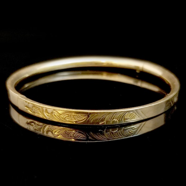 Vintage Engraved Child Size Bangle, 6 1/4 Inches Around, 1/8 inch Wide 1/20 Gold Shell, Hinged Bracelet, Slide Closure Clasp, Baby Bangle