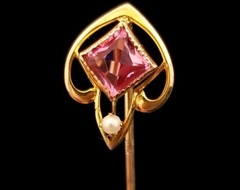 Vintage roze Art Nouveau stijl stick pin, 10k geel goud, 2 5/8 inch lang, plakken stenen centrum, broche, reversspeld