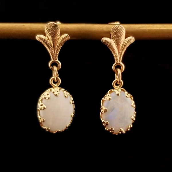 Vintage 14k Opal Dangle Earrings, 3/8 Inch Drops, Yellow Gold, Small Oval White Lab-Created Opals, Estate Jewelry, October Birthstone