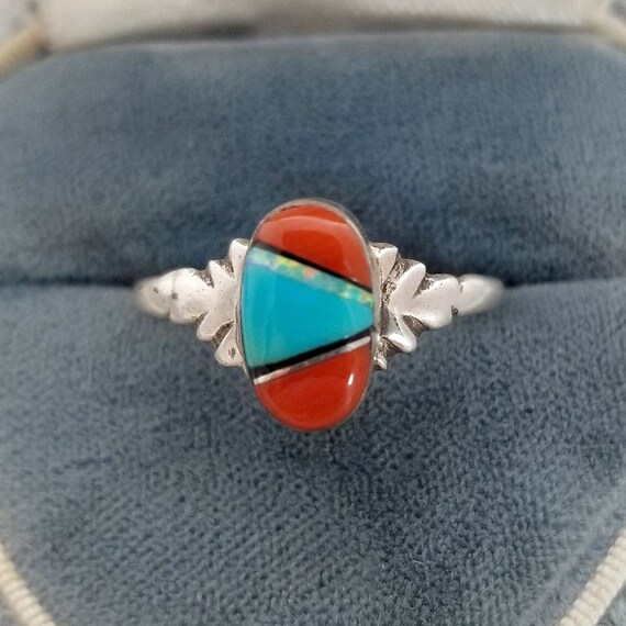 Vintage Sterling Inlaid Turquoise, Coral, Opal an… - image 7