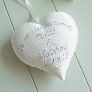 12th Silk Wedding Anniversary Embroidered Personalised Gift Heart