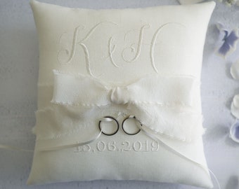personalised wedding ring cushion, ring pillow, personalised ring bearer pillow, wedding cushion with hand dyed silk ribbon