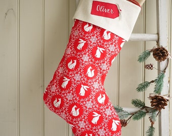 Festive red Christmas hygge, kinfolk stocking, personalised with name