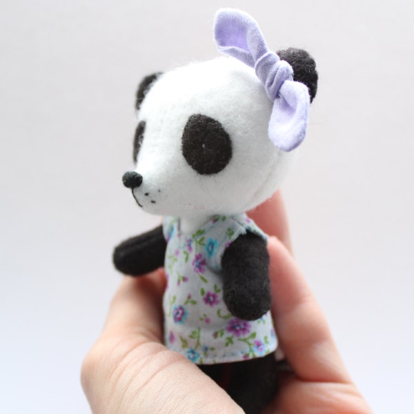 Felt miniature Panda, Panda doll, Felt Panda, Stuffed animal Panda felt plush miniature with floral dress.