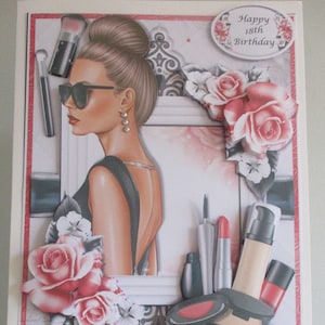 Anniversaire fait main, mode 3D, carte d'anniversaire moderne, maquillage, roses, personnalisation