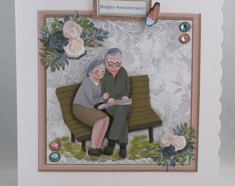 OldCouple on bench Anniversary Card,, Decoupage,3D,Personalise