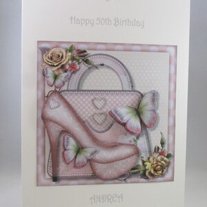 Carte d'anniversaire 3D à la mode faite main, sacs à main et chaussures, personnalisés