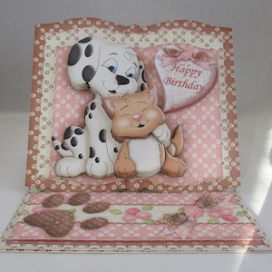 Jolie carte d'anniversaire chevalet pour chien et chat, 3D, découpage, à personnaliser