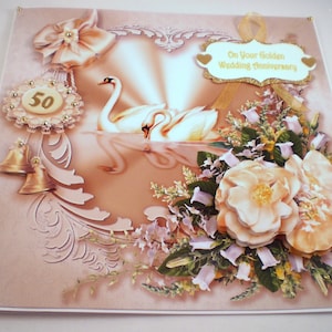 Grande carte de voeux pour 50e anniversaire de mariage doré faite main, découpage, cygnes 3D, fleurs