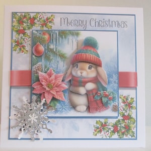 Carte de Noël mignon lapin de Noël, 3D, découpage, fait main, à personnaliser