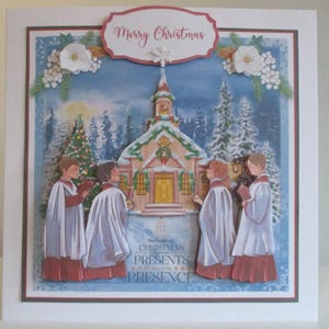 Carte de Noël religieuse, choeur de garçons, église, scène enneigée, 3D, découpage, fait main, personnalisation