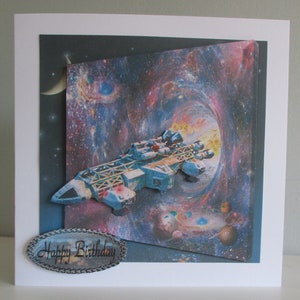 Carte d'anniversaire 3D faite main, fusée spatiale, à personnaliser